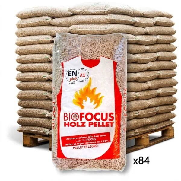 Bancale 1260 kg pellet bio focus in abete e pino enplus a1, 84 sacchi da 15 kg